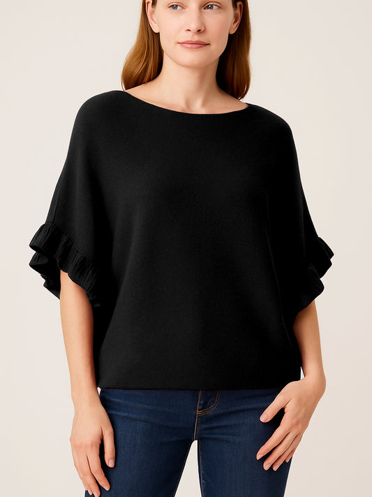 Italian Ruffle Sleeves Batwing Jumper - Black