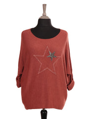Italian Diamante And Embroidered Star Detail Knitted Top - Rust