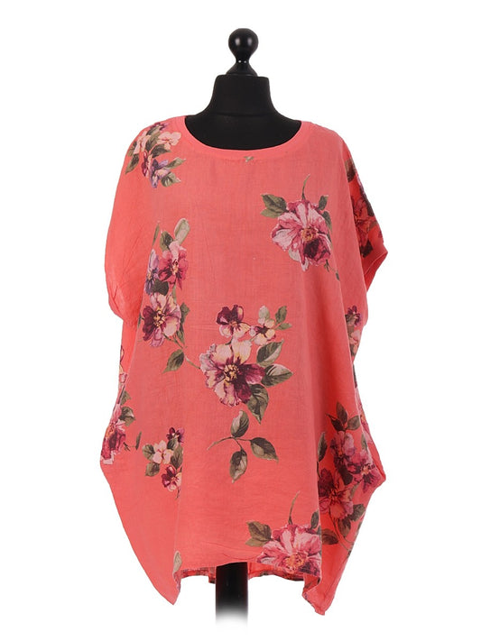 Italian Linen Floral Baggy Top - Coral