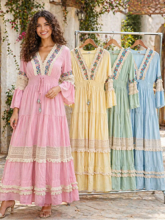 Boho Embroidered Lace Detail Maxi Dress - Pack of 4 - Colours Pink, Mint, Yellow, Sky Blue