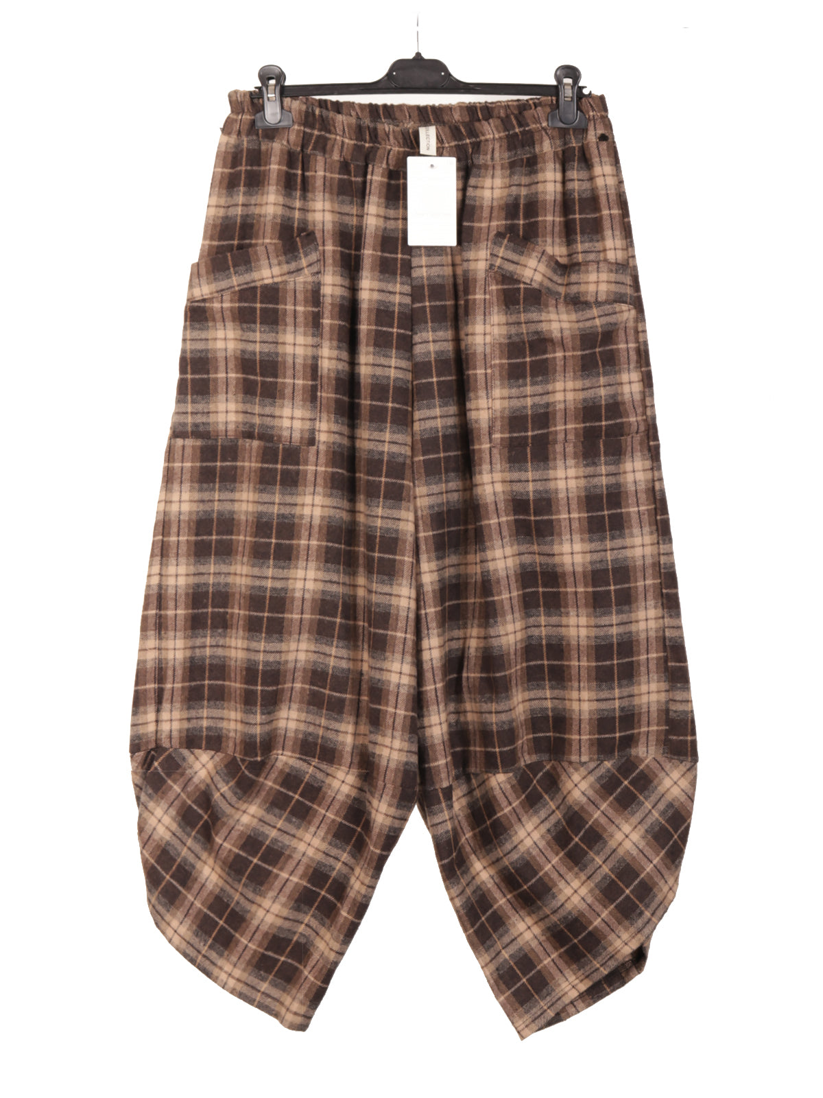 Italian Brushed Cotton Plaid Harem Trousers - Chocolate