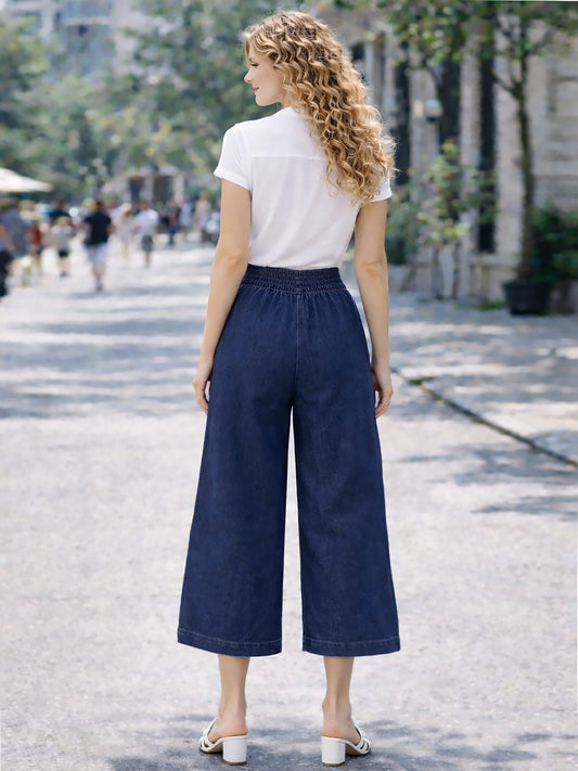 Italian Button Detail Denim Culottes - Dark Denim