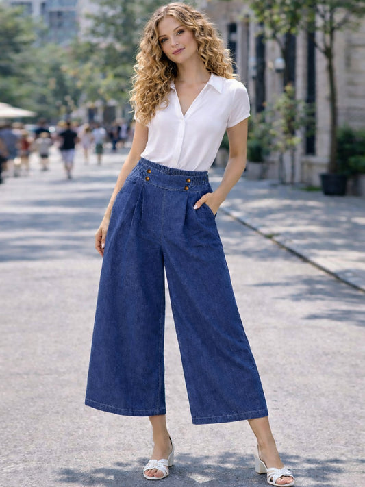 Italian Button Detail Denim Culottes - Denim