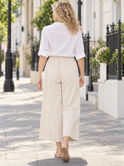 Italian Cotton Corduroy Wide Leg Culottes Pocket Trousers - Beige