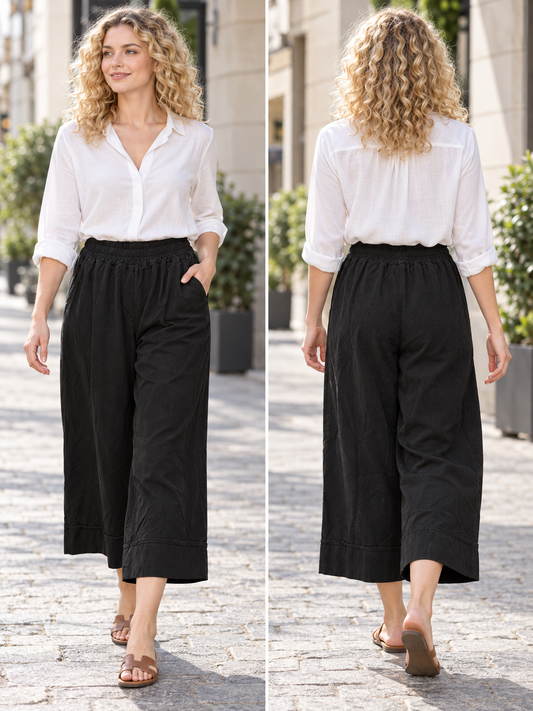 Italian Cotton Corduroy Wide Leg Culottes Pocket Trousers - Black
