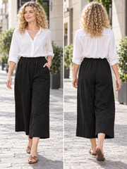Italian Cotton Corduroy Wide Leg Culottes Pocket Trousers - Black