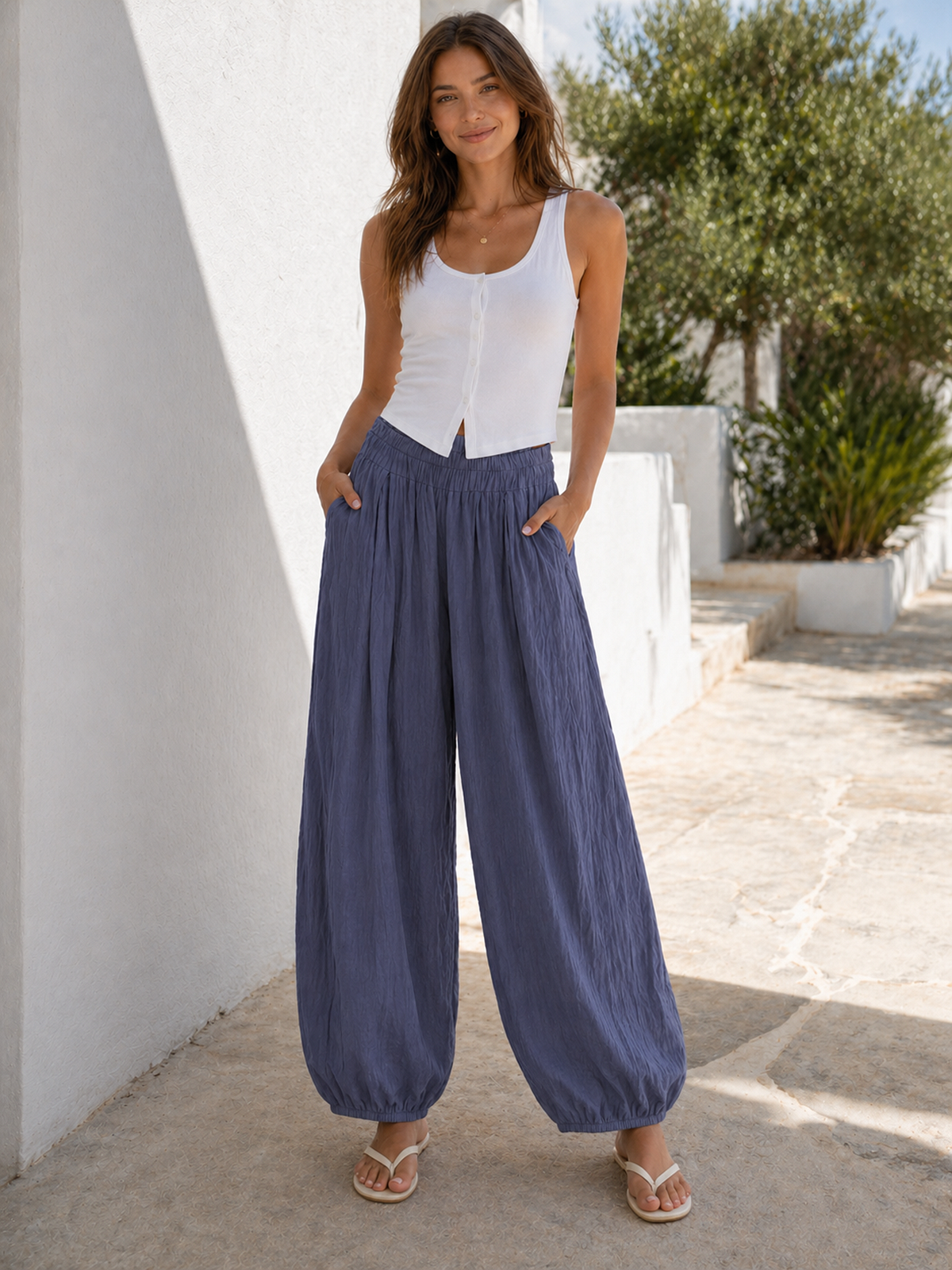 Italian Crinkle Fabric Elasticated Waist Harem Trousers - Denim