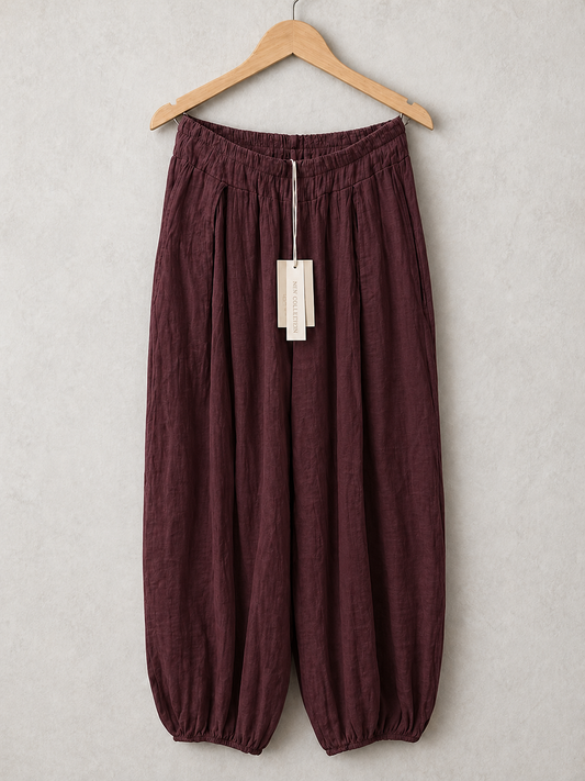 Italian Crinkle Fabric Elasticated Waist Harem Trousers - Plum