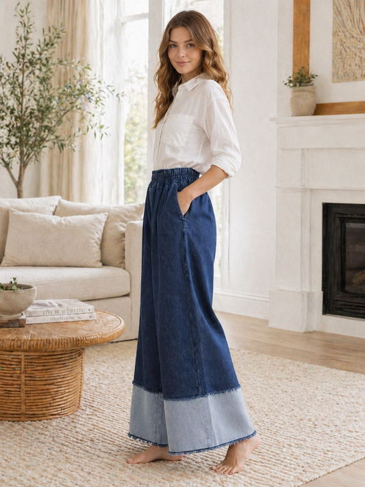 Italian Denim Fabric Wide Leg Elasticated Waist Palazzo Trousers - Dark Denim