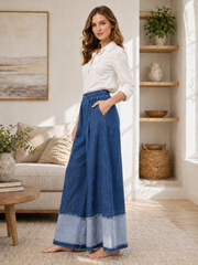 Italian Denim Fabric Wide Leg Elasticated Waist Palazzo Trousers - Denim