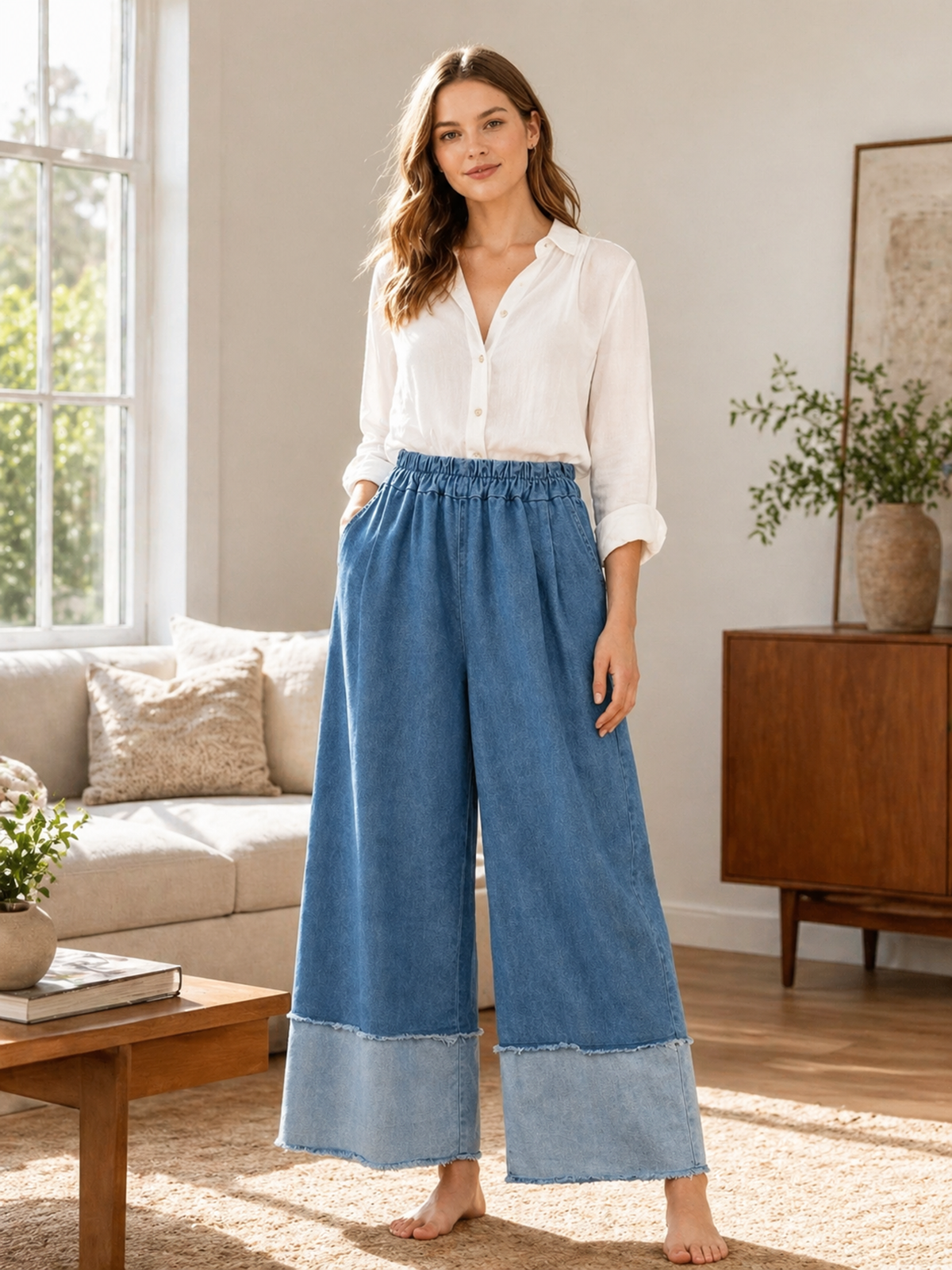 Italian Denim Fabric Wide Leg Elasticated Waist Palazzo Trousers - Light Denim