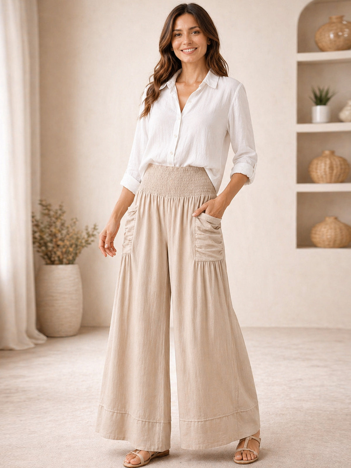 Italian Elasticated Smocked Waist Palazzo with side pockets - Beige