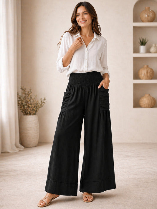 Italian Elasticated Smocked Waist Palazzo with side pockets - Black