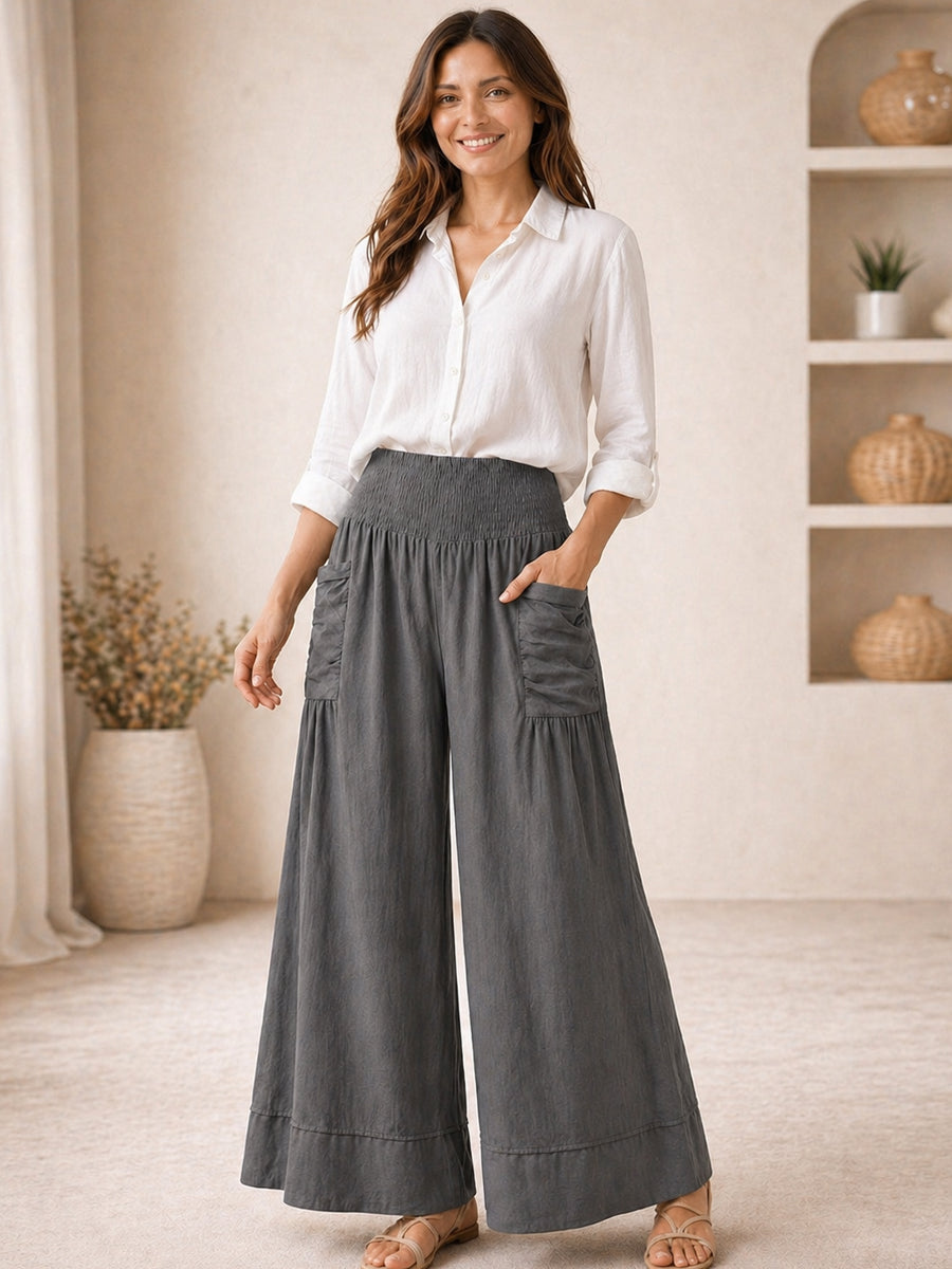 Italian Elasticated Smocked Waist Palazzo with side pockets - Charcoal