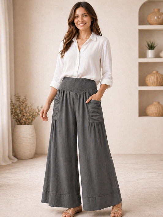 Italian Elasticated Smocked Waist Palazzo with side pockets - Charcoal