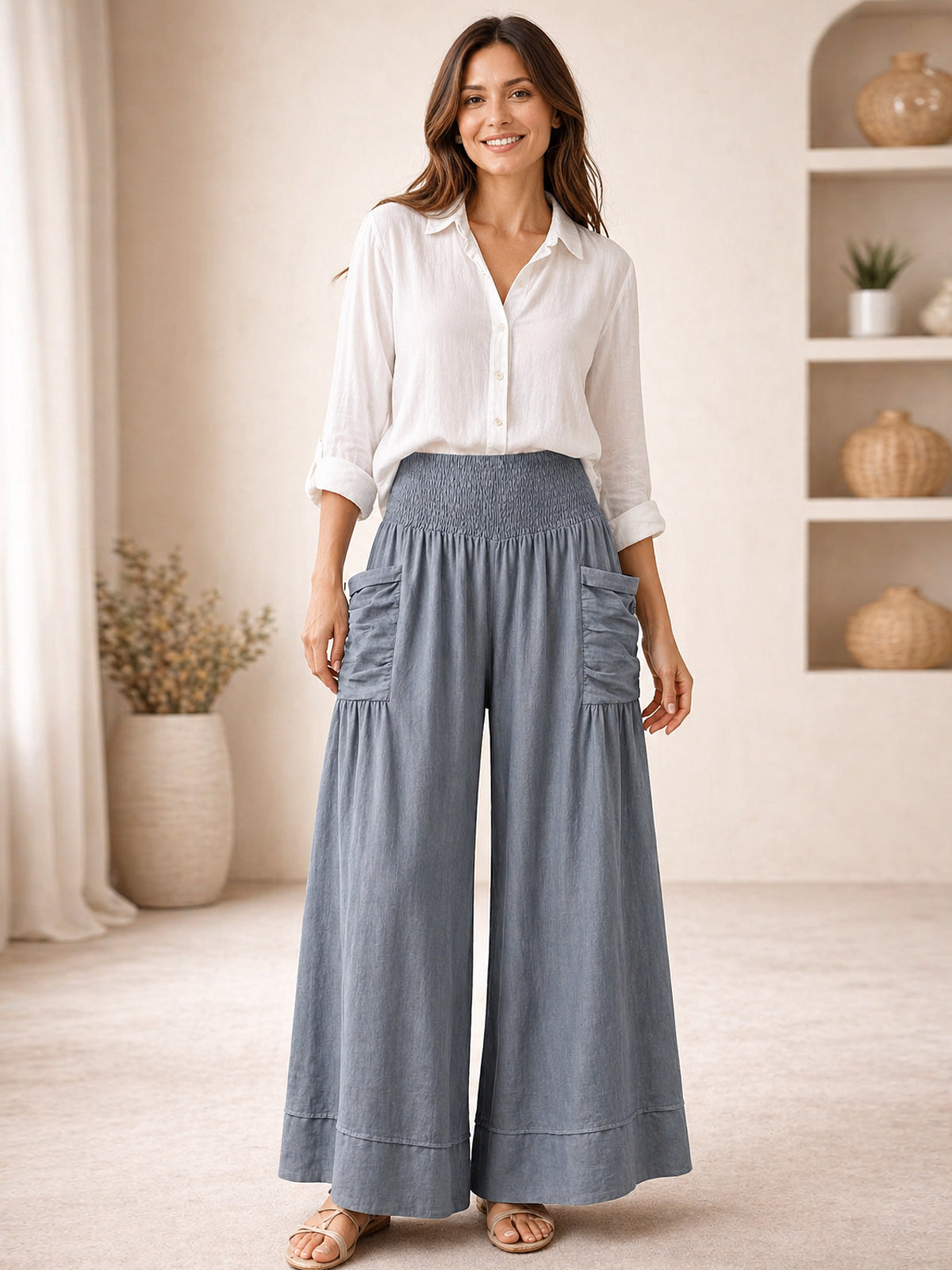 Italian Elasticated Smocked Waist Palazzo with side pockets - Denim