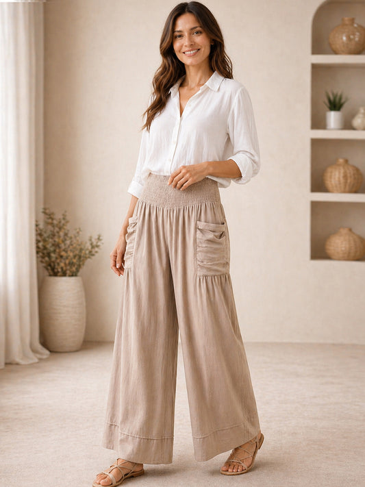Italian Elasticated Smocked Waist Palazzo with side pockets - Mocha