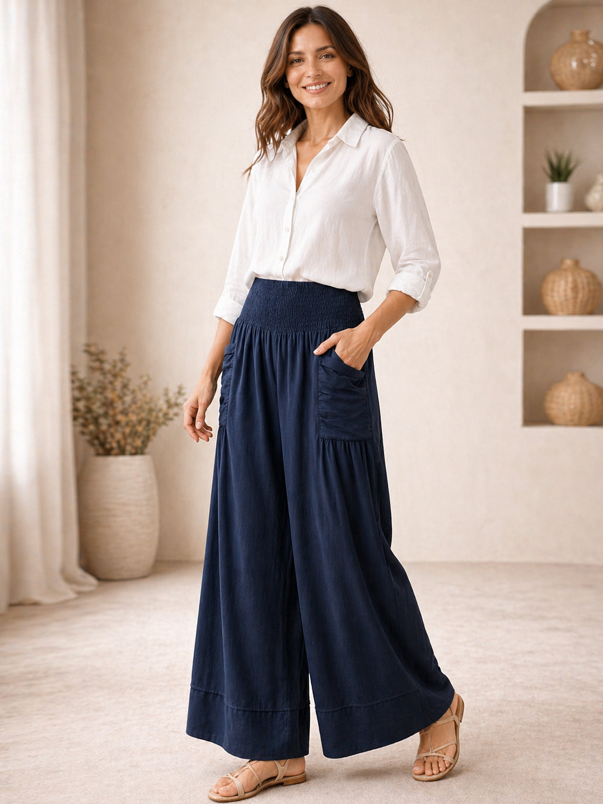 Italian Elasticated Smocked Waist Palazzo with side pockets - Navy