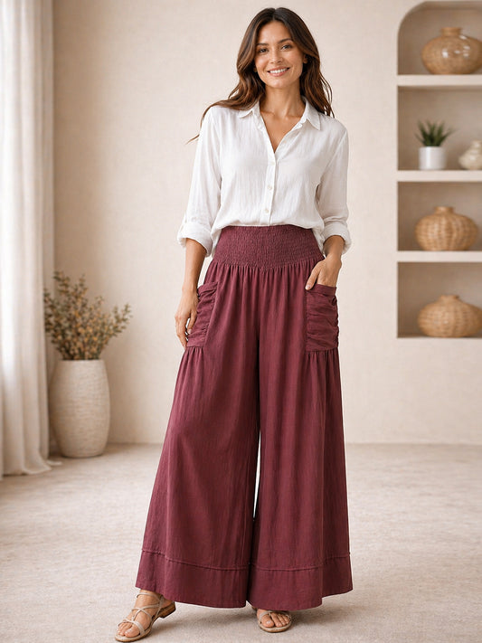 Italian Elasticated Smocked Waist Palazzo with side pockets - Plum