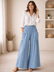Italian Elasticated Smocked Waist Palazzo with side pockets - Sky Blue