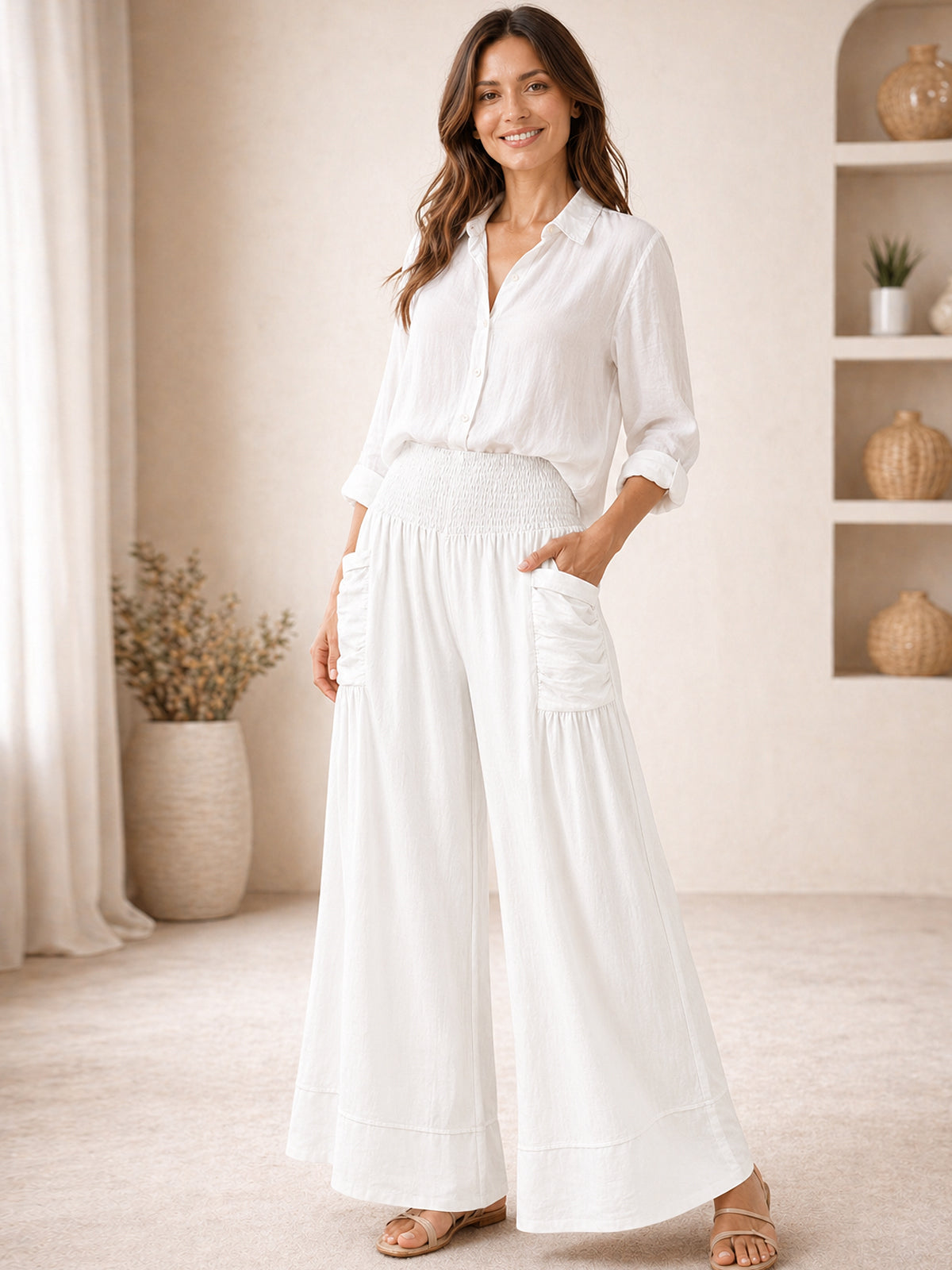 Italian Elasticated Smocked Waist Palazzo with side pockets - White