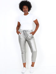 Italian Wet Look Stretch Magic Trousers - Silver