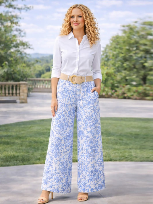 Italian Paisley Print Palazzo Trousers With Belt - Royal Blue
