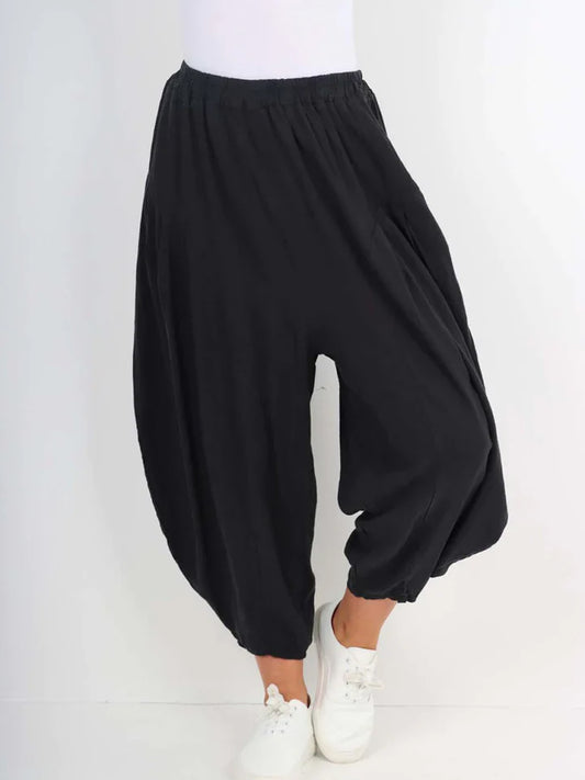 Italian Relaxed Fit Harem Linen Pants - Black