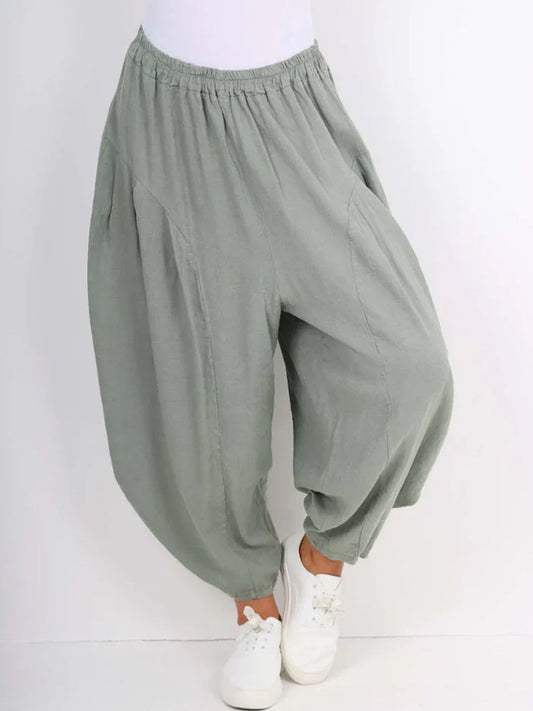Italian Relaxed Fit Harem Linen Pants - Khaki