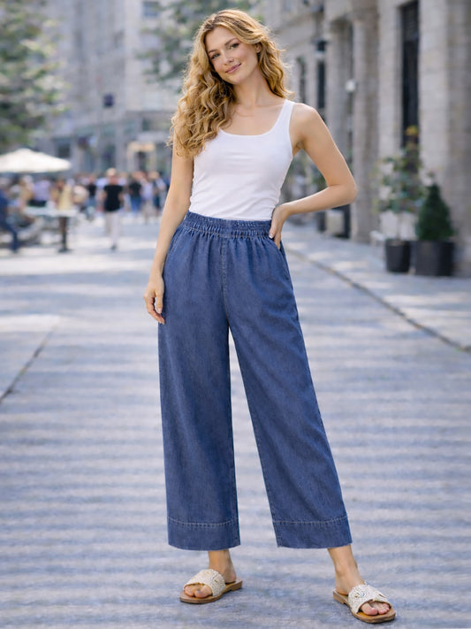 Italian Side Pocket Detail Wide Leg Trousers - Denim