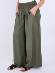 Italian Smocked Elasticated Waist Plain Palazzo Trousers - Army Green
