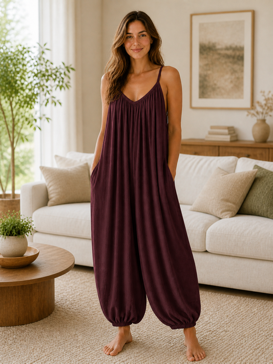 Italian Strappy Harem Style Jumpsuit With Side Pockets - Plum