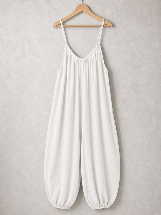 Italian Strappy Harem Style Jumpsuit With Side Pockets - White