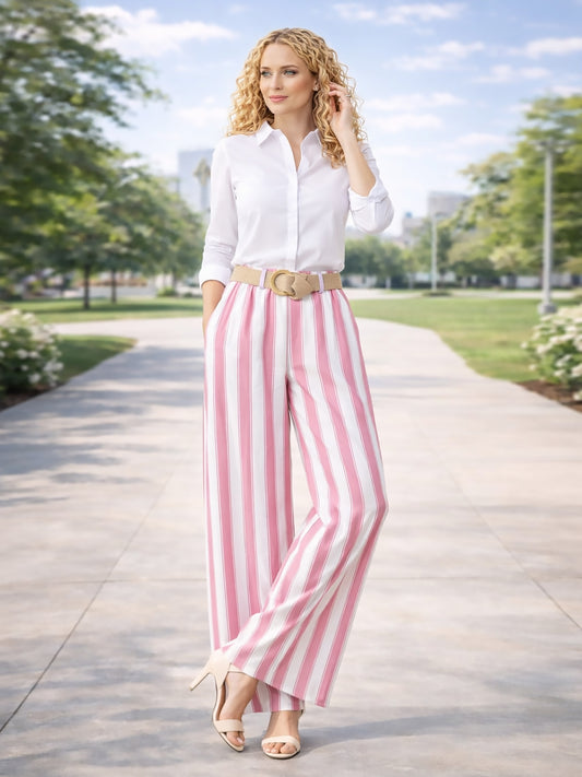 Italian Striped Print Palazzo Trousers With Belt - Pink