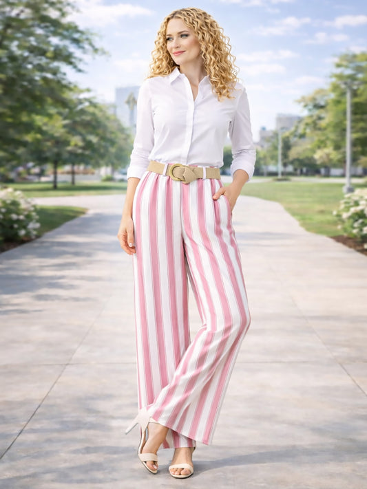 Italian Striped Print Palazzo Trousers With Belt - Pink