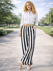 Italian Striped Print Palazzo Trousers With Belt - Black