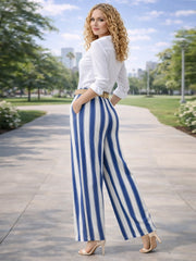 Italian Striped Print Palazzo Trousers With Belt - Denim