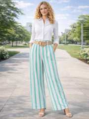 Italian Striped Print Palazzo Trousers With Belt - Mint