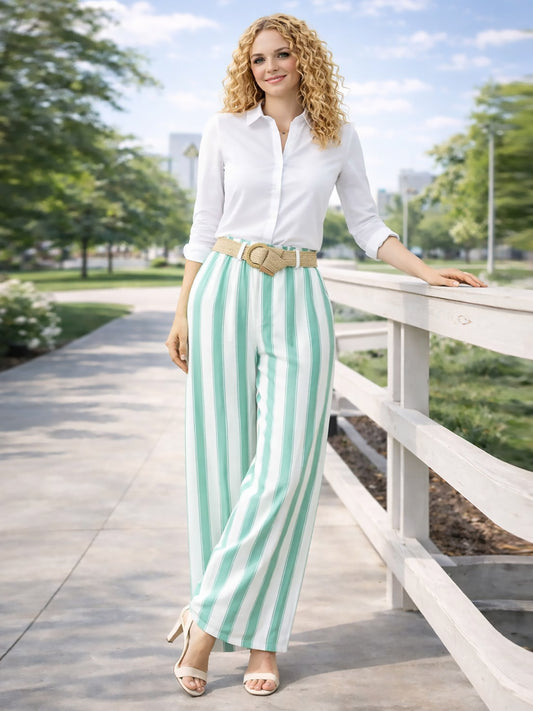 Italian Striped Print Palazzo Trousers With Belt - Mint
