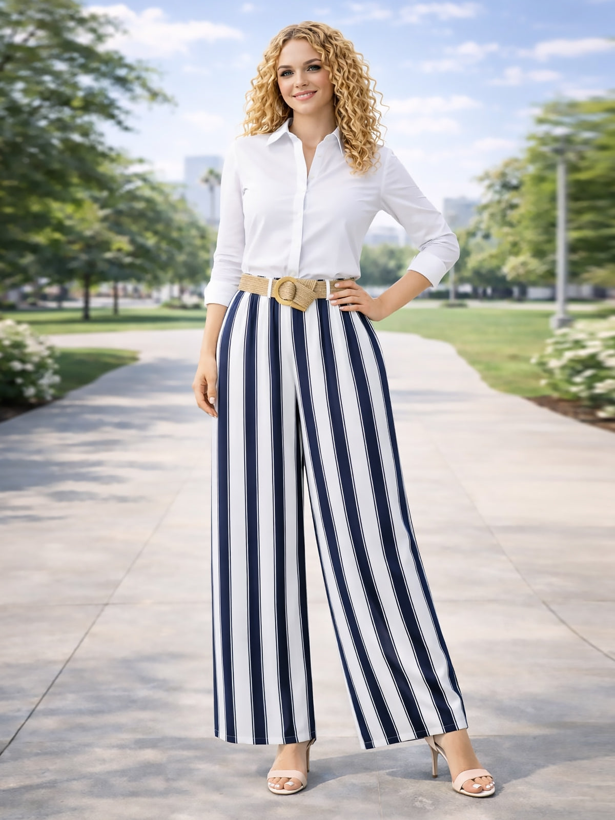 Italian Striped Print Palazzo Trousers With Belt - Navy