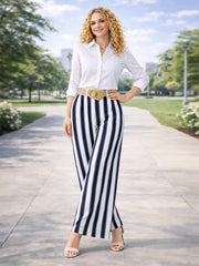 Italian Striped Print Palazzo Trousers With Belt - Navy