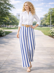 Italian Striped Print Palazzo Trousers With Belt - Royal Blue