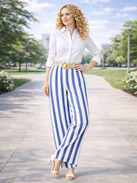 Italian Striped Print Palazzo Trousers With Belt - Royal Blue