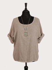 Italian Vintage Dye Linen Blend Top with Necklace - Beige