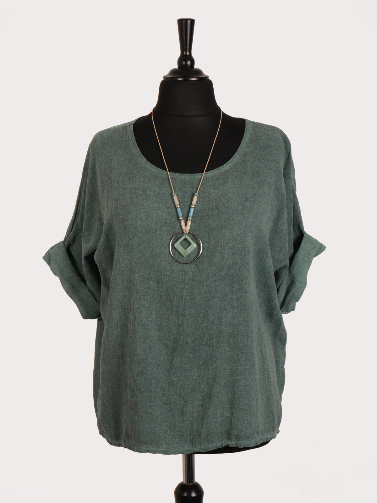 Italian Vintage Dye Linen Blend Top with Necklace - Hunter Green