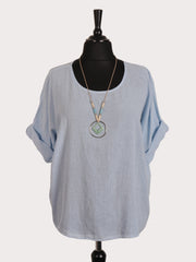 Italian Vintage Dye Linen Blend Top with Necklace - Ice Blue