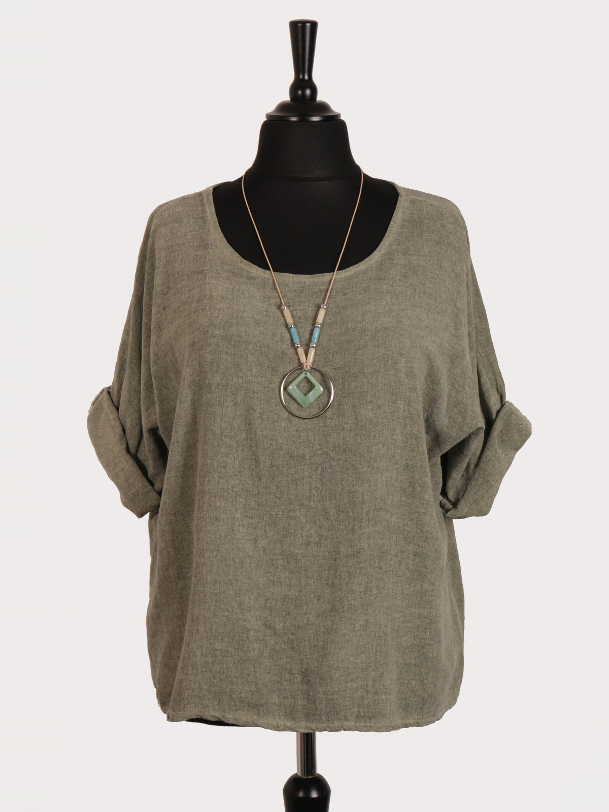 Italian Vintage Dye Linen Blend Top with Necklace - Army Green