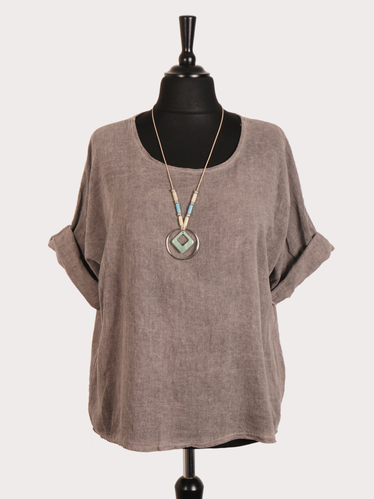 Italian Vintage Dye Linen Blend Top with Necklace - Mocha