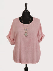 Italian Vintage Dye Linen Blend Top with Necklace - Baby Pink