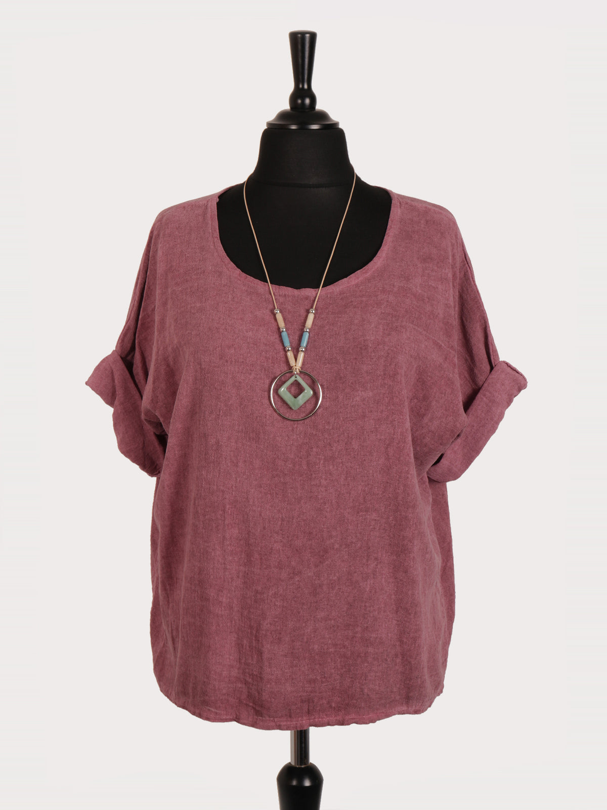 Italian Vintage Dye Linen Blend Top with Necklace - Plum